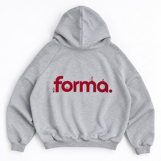 Hoodie gris FORMA boxy fit, espalda con logo rojo